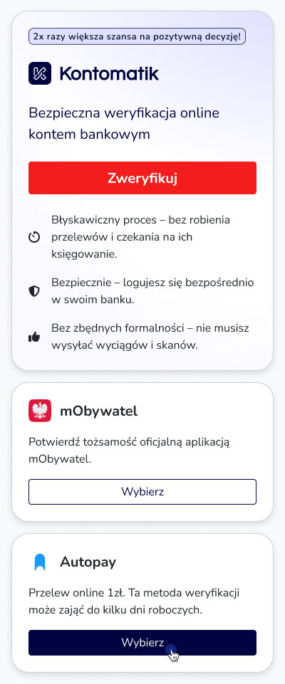 Ekran wyboru metody weryfikacji Kontomatik, mObywatel i Autopay.