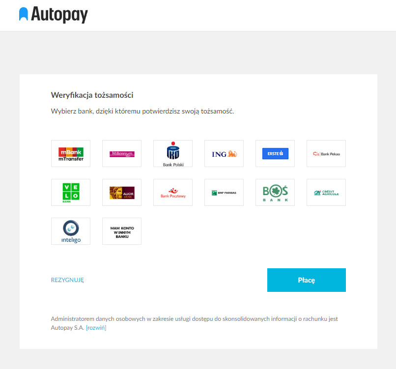 Ekran wyboru banku Autopay