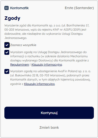Ekran zgód Kontomatik